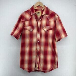 LARRY MAHAN Shirt Mens L Cowboy Collection Plaid Western Snap Pearl Cotton Red